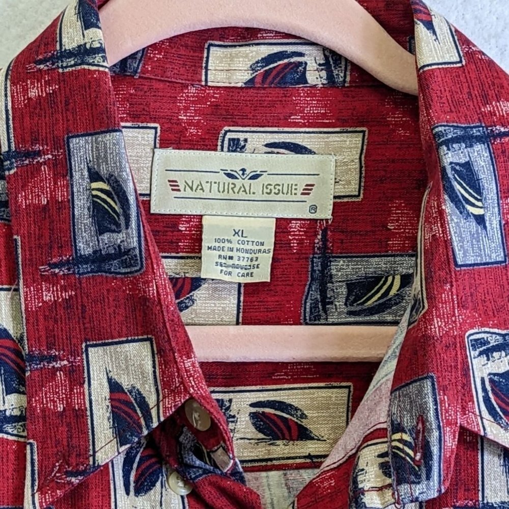 Natural Issue Button Up SHIRT Red Blue Sail Boat Print Mens size XL Cotton - Picture 6 of 11